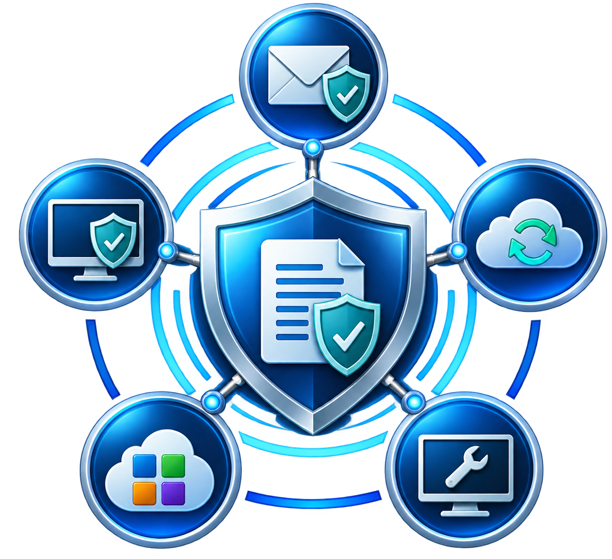 Five technology services surrounding a shield that protects sensitive tax documents.
